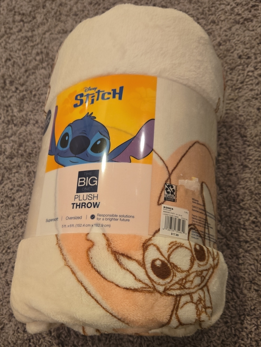 Disney Stitch Plush Throw Blanket - Cream, Light Blue, Peach